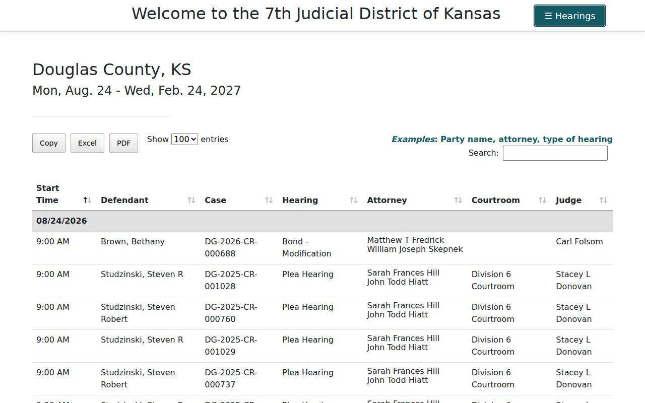 Douglas County court dates six-month calendar
