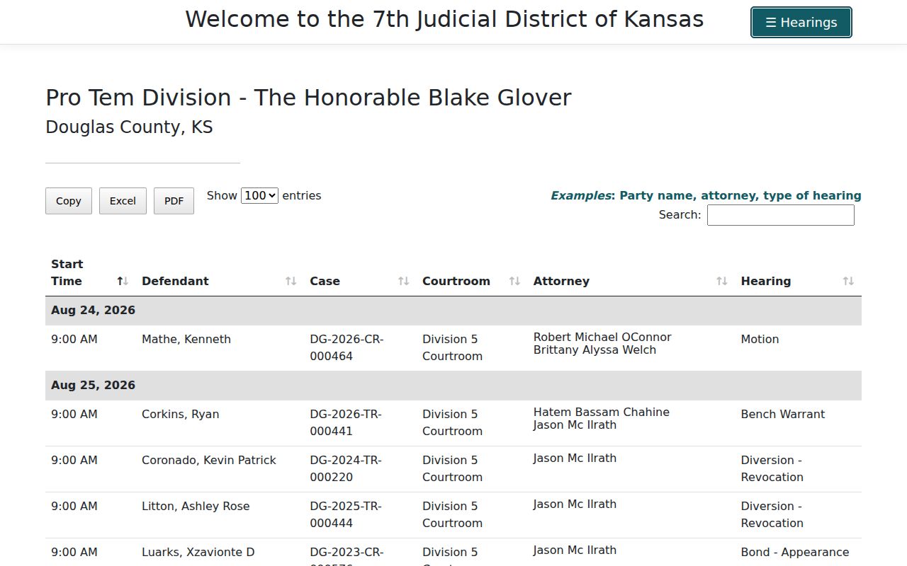 Douglas County court dates Pro Tem calendar