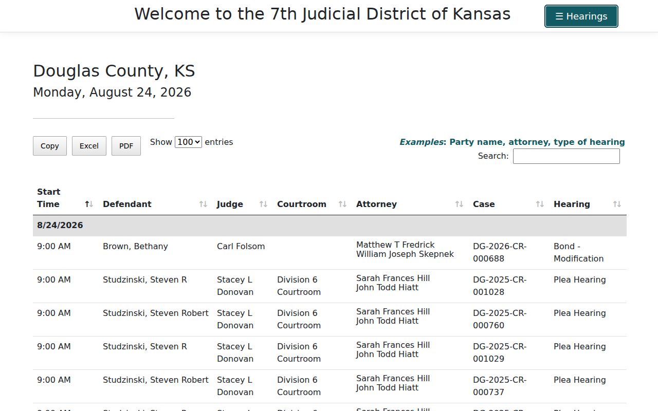 Douglas County court dates daily hearing display