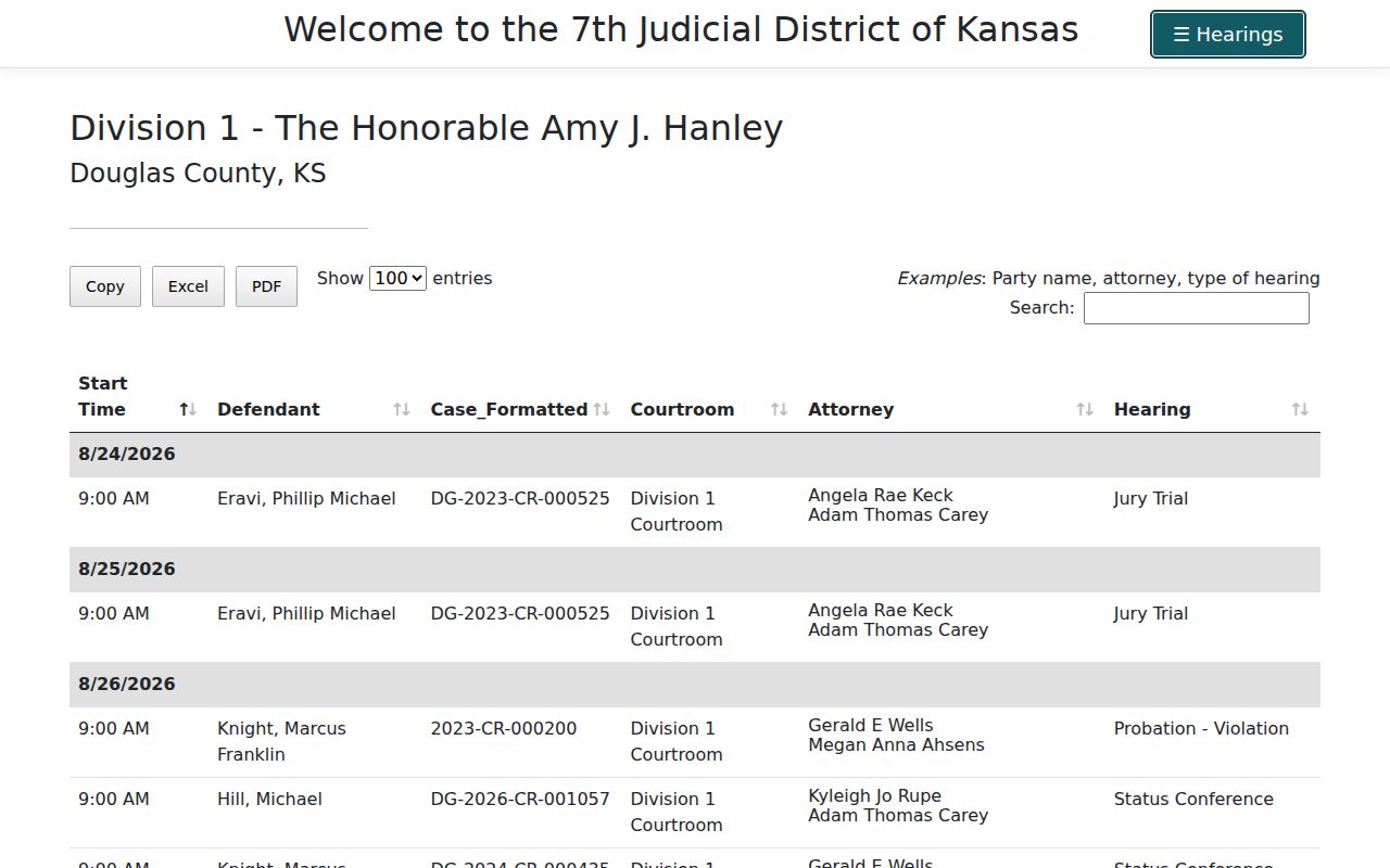 Douglas County court dates Division 1 calendar