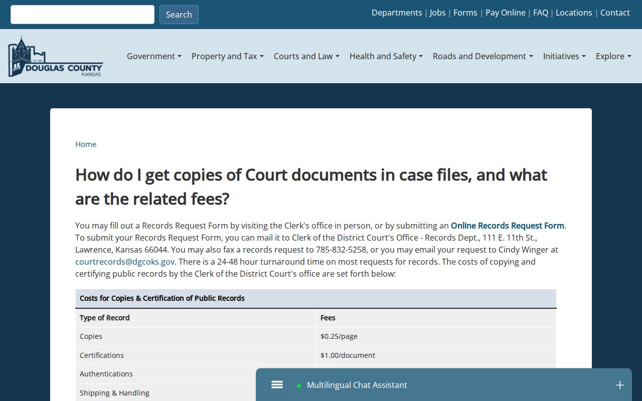 Douglas County court record search copies and certification fees