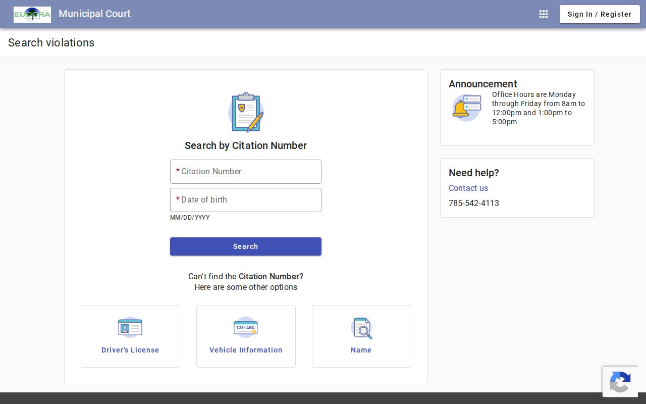 Eudora court docket citation search fields